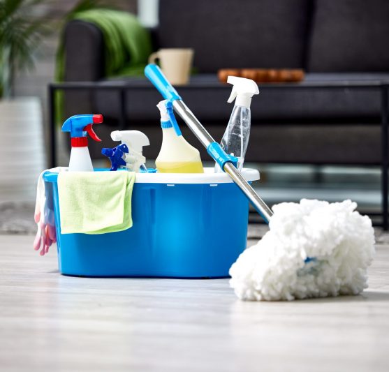 Making my floors sparkle. Shot of a bucket of cleaning supplies